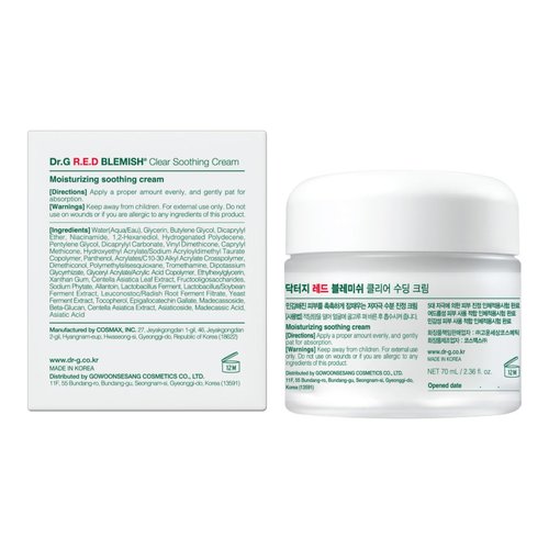 Dr. G R.E.D. Blemish Clear Soothing Cream - Calming Korean Moisturizer for Redness - Soothes Acne & Irritation - With Centella Asiatica - Long-Lasting Hydration - 2.36 fl oz
