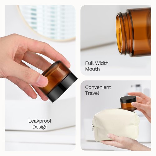 Bumobum 1oz Glass Jars with Lids, 6 Pack Small Amber Glass Jars with Labels, Refillable Empty Cosmetic Containers for Lip Balm Scrub Creams Lotions