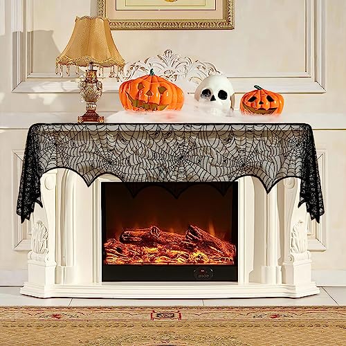 Halloween Fireplace Decor Lace Spider Web Mantel Scarf - Black Fireplace Towel
