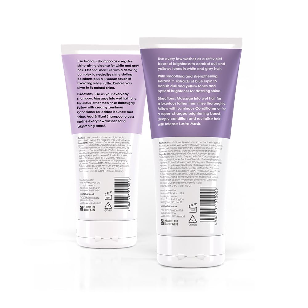 White Hot Cleanse Duo: Brilliant Shampoo & Glorious Shampoo 200ml, brightening boost and shine for white & grey hair, purple shampoo
