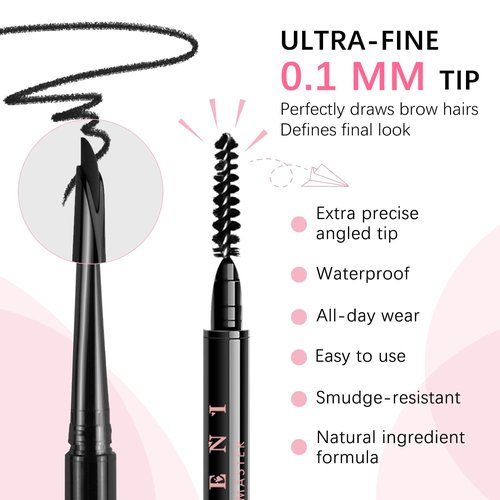 Regine Switzerland Eyebrow Pencils - Ultra-Fine 0.1mm Waterproof with 2-in-1 Double-Ended Tip | Black