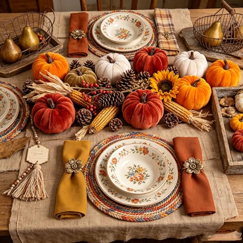 Velvet Mini Pumpkins Decor Set - Fall Thanksgiving Table Accents, 12 Pcs