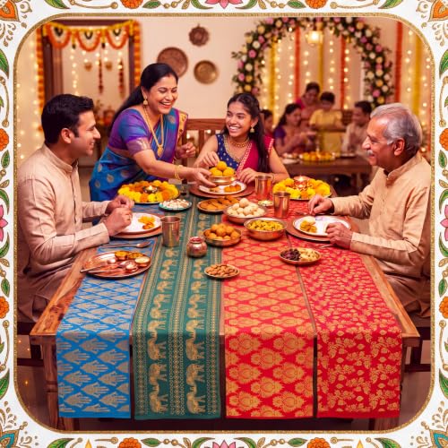 Diwali Themed Linen Table Runner Set - 4 Piece Indian Celebration Decor