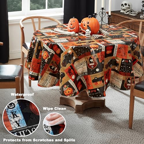 Halloween Rustic Farm Vinyl Tablecloth 70 Inch Round with Flannel Backing - Spooky Farm Design