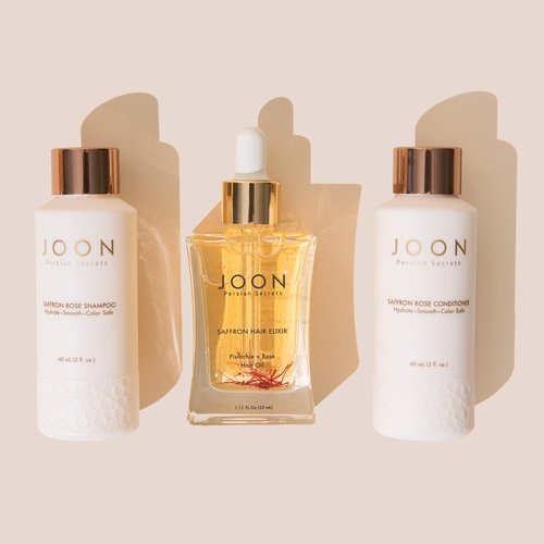 Joon Moisturizing Travel Size Gift Set - Saffron Hair Elixir, Shampoo & Conditioner (3-Piece)