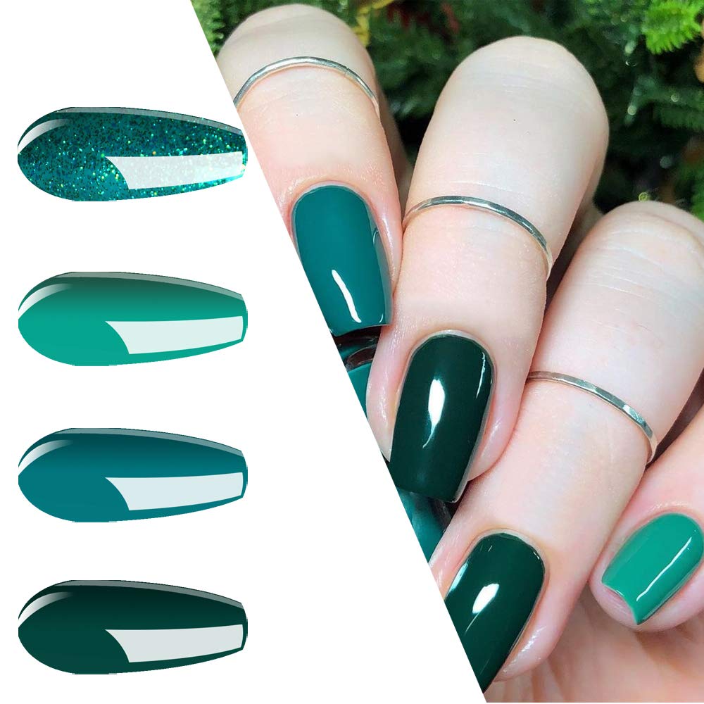 Vishine 4 Colors Green Teal Gel Nail Polish Kit 15ml, Glitter Green Sparkle Gel Nail Polish Set, Drak Green Gel Polish Nail Art Home DIY Salon