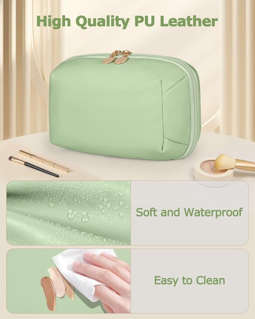 Soimeat Travel Makeup Bag Gift for Women, Soft PU Leather Cosmetic Bags, Waterproof Toiletry Bag, Portable Wide Open Pouch, Travel Cosmetic Bag with Divider and Handle, Medium, Green