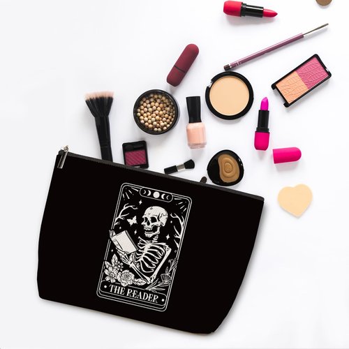 Skeleton Skull Tarot Cards Goth Makeup Bag, Spooky Gifts for Book Lovers, Halloween Party Favors, Toiletry Bag
