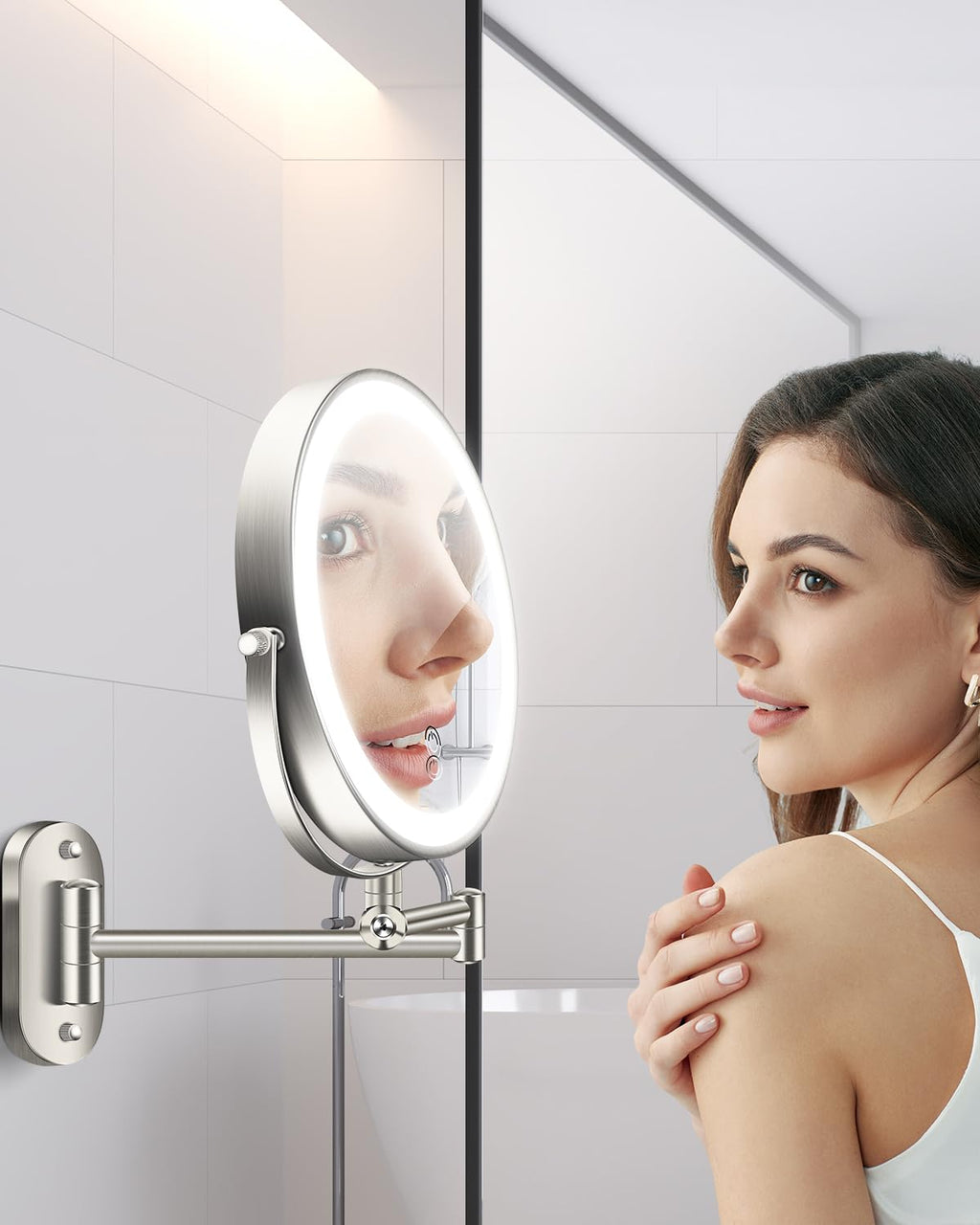 vpu 9" Wall Mounted Makeup Mirror with Light, 20X/1X Height Adjustable Double Sided Magnifying Bathroom Lighted Mirror, 3 Color Touch Dimmable Extended Arm 360 Rotation Light up Magnification Mirrors