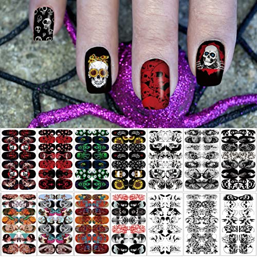 Halloween Nail Wraps Set - 14 Sheets Gothic Ghost Skull Demon Patterns with 2 Nail Files