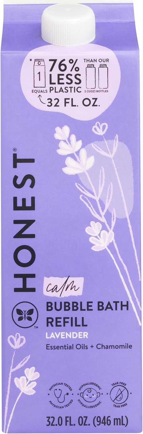 The Honest Company Foaming Bubble Bath Refill Carton, Gentle for Baby, Naturally Derived, Tear-Free, Hypoallergenic, Lavender Calm, 32 fl oz