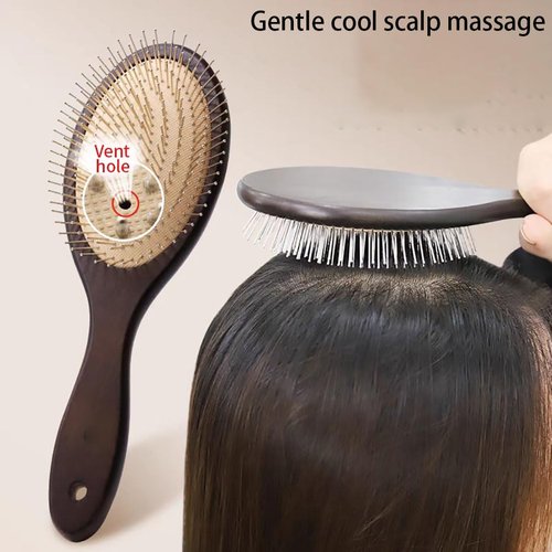 Skiennix Wooden Paddle Hair Brush - Anti-Frizz Metal Detangling Brush for All Hair Types | Scalp Massage, Wet or Dry Use