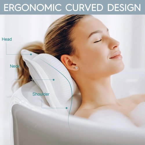 Luxury Bath Pillow for Tub - 4D Air Mesh Bathtub Pillow with 4 Non-Slip Suction Cups for Head, Neck and Back Support, Ergonomic Spa Accessories with Laundry Bag, Fits All Bathtubs