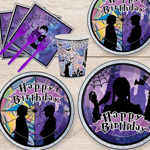 Halloween Birthday Party Supplies Set - Purple Paper Plates Napkins Cups Cutlery for Kids 24 People - Variation of Birthday