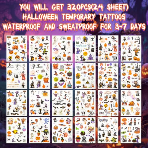 Kids Halloween Temporary Tattoos Set - 320 Waterproof Spooky & Cute Designs