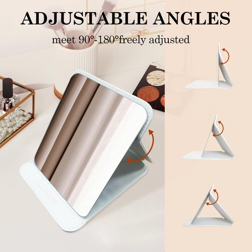SYHITOU Foldable Travel Makeup Mirror, Adjustable Angle Portable Standing Vanity Mirror, Compact PU Leather Design for Home/Camping/Desktop Use,Elegant White(8.4"x6")