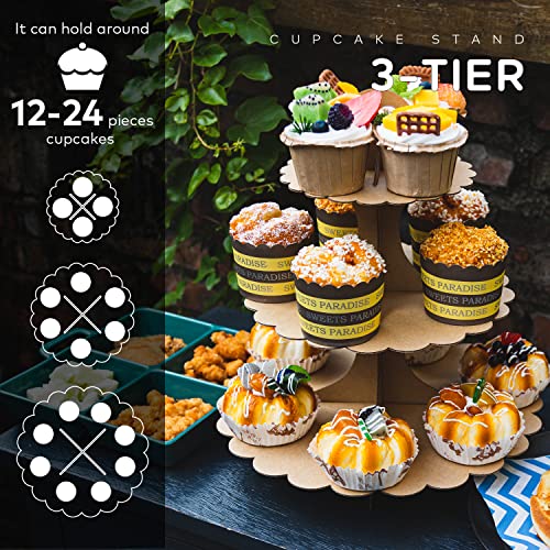 Brown 2-Pack 3-Tier Cupcake Stand Rustic Kraft Paper Decor Tower - Heart Handle Design, Easy Assembly for Weddings & Parties