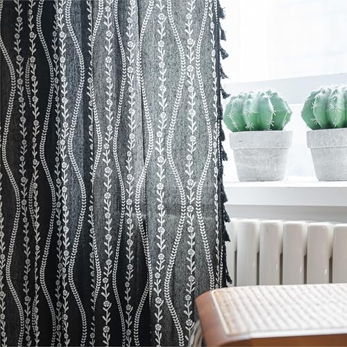 Boho Curtains 63 Inch Length Black Stripe Floral Tassel Drapes for Kitchen & Dining Room - Pack of 1