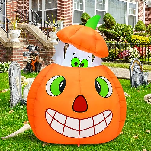 5 FT Halloween Inflatable Ghost and Pumpkin Yard Decor with LED Lights, Animated Outdoor Decoration