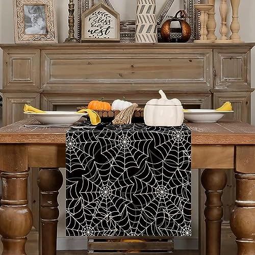 Halloween Spider Web Table Runner Black Linen 13 x 90 Inch - Seasonal Decor