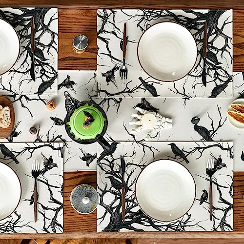 12x18 Inch Halloween Crows Tree Branches Placemats Set of 8 - Seasonal Fall Table Decor