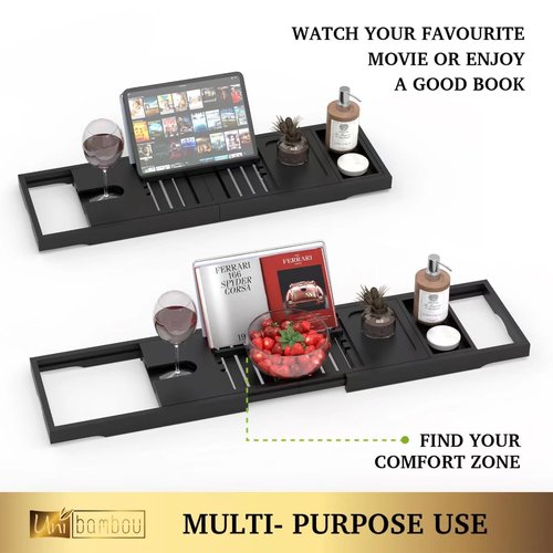 Unibambou Foldable Bathtub Tray - Expandable Bamboo Bath Caddy Tray for Tub - Luxury Wood Bath Accessories, Perfect Spa Experience for New Home - Unique House Warming Gifts for Mom, Women, Couples