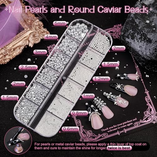 Punk Nail Charms Kit 1 Silver & Black - 3D Gothic Nail Studs & Pearls, Nail Art Accessories