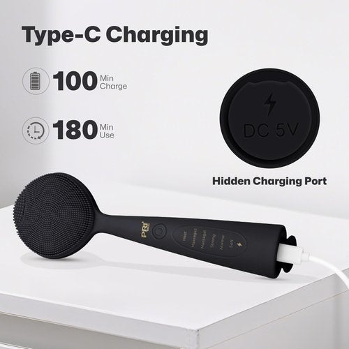 PRITECH Facial Cleansing Brush, Rechargeable Silicone Face Scrubber with Constant-Temperature Heating, Vibrating Exfoliator Scrubber for Deep Pore Cleaning, Waterproof Face Brush for Women & Men-Black