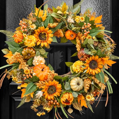 24 Inch Fall Sunflower Wreath - Autumn Door Decor with Pumpkins & Leaves