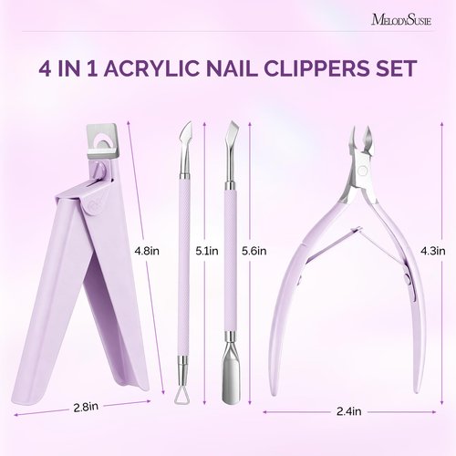 Melodysusie 4 in 1 Acrylic Nail Clippers Set, with Cuticle Trimmer and Dual-Ended Cuticle Pusher Remover, Stainless Steel Acrylic Nail Cutter Set, Pedicure Manicure Acrylic Nail Tools for Home Salon