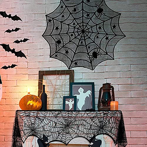 Hommtina 4-Piece Halloween Decorations Set - Tablecloth, Runner, Lace Cover & Bat Stickers