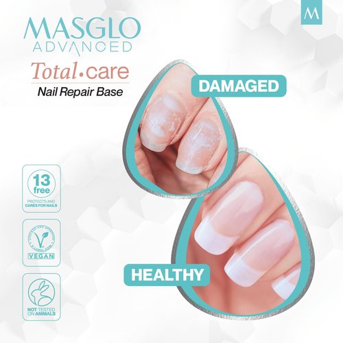 MASGLO Advanced Total Care Nail Strengthener – Post Gel Damage Recovery Treatment, 13-Free Vegan Fast-Dry Thickening Repair with Tea Tree Oil & Vitamins, Base Coat, Nude Tone & Shine (3in1)