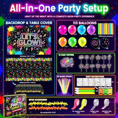 Glow in The Dark Party Decorations Kit with Balloons, Glow Sticks & More
