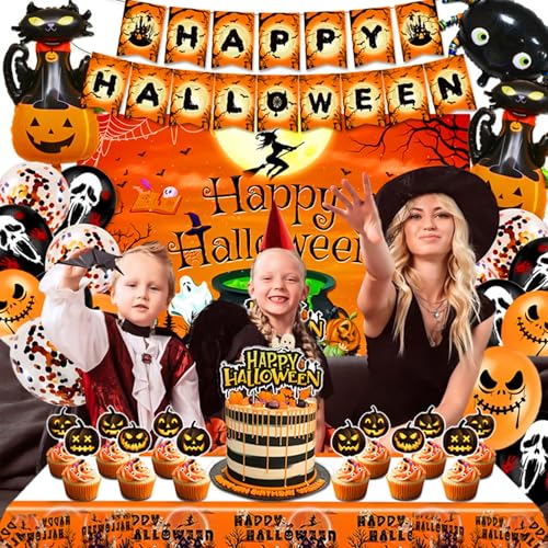 Halloween Party Decorations Set Pumpkin Theme with Banner Balloons & Cake Toppers