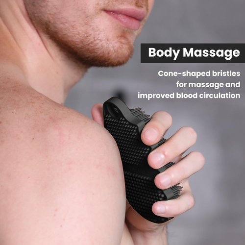 iTokGok Silicone Body Scrubber Silver-Infused Dual-Sided 3-in-1 for Shower, Body Cleaning+Massage+Exfoliator Body Brush Buffer for Men and Women, Silicone Loofah, Non-Slip Handle (Black)