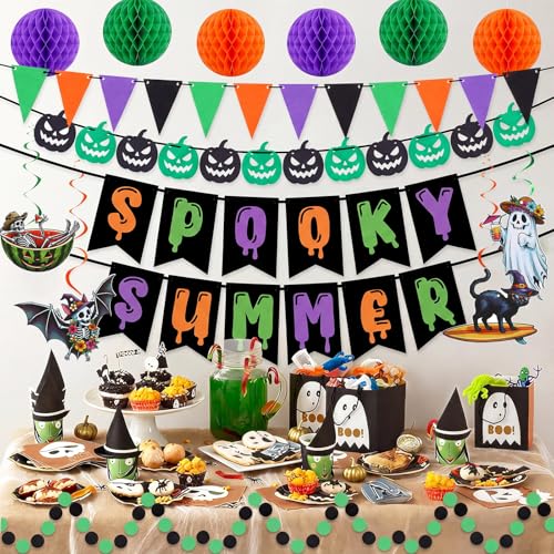 Summer Halloween Banner Decorations Set with Honeycomb Balls & Tropical Charms