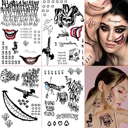 Halloween Joker Temporary Tattoos Sticker Set - Black, 4 Sheets for Men & Women
