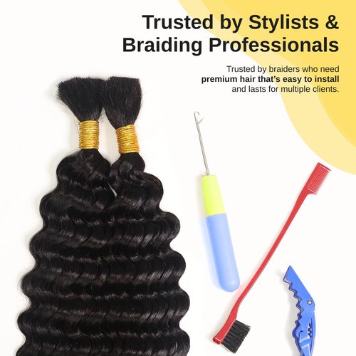 Human Braiding Hair for Boho Braids – French Deep Wave Boho Hair, No Weft, Natural Wave, Micro Braiding Hair, 100% Virgin Remy, 14 Inch 90g (1B Natural Black)
