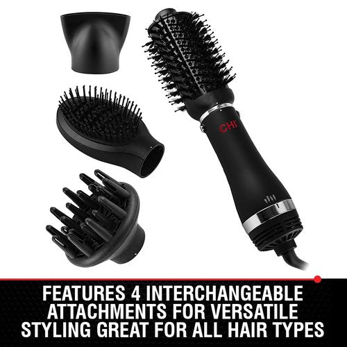 CHI Volumizer 4-in-1 Blowout Brush | Ceramic Ionic Hair Dryer with 4 Attachments, 1000W, Black