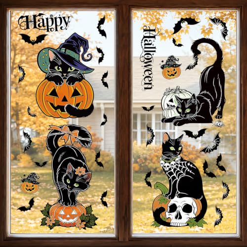 Halloween Window Clings - Black Cat Pumpkin Glass Decoration, Static Reusable