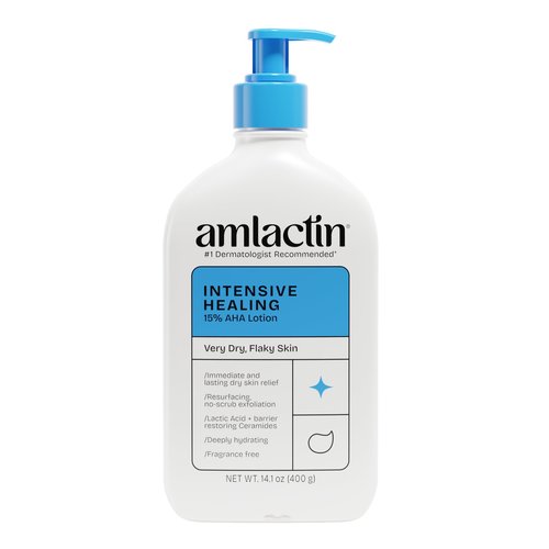 AmLactin Intensive Healing Body Lotion - Therapeutic Lotion for Extremely Dry Skin - No-Scrub Exfoliator and Moisturizer with 15% Lactic Acid AHA and Ceramides, 14.1 oz (Packaging May Vary)