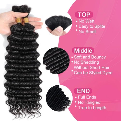 100 Percent Human Braiding Hair for Boho Braids Curly Deep Wave Bulk Human Hair for Micro Braiding Hair Bohemian Boho Knotless Braids 2 Bundles 100g Wet and Wavy 100% Human Hair Extensions No Weft