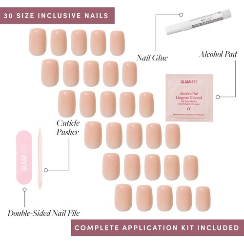 Glamnetic x GLAMZILLA Press On Nails - FOR THE “IT” GIRLS | Short Squoval Nude Fake Nails, Semi-Transparent, Salon Quality, Everyday | 15 Sizes - 30 Nail Kit with Glue