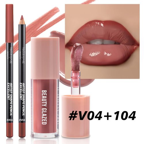 Beauty Glazed Lip Gloss & Lip Liner Set - Rosewood Nude | Achieve Fuller, High-Shine Lips