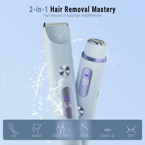 2-in-1 Bikini Trimmer for Women, Bikini Shaver with Dual Heads, Body and Facial Hair Removal, Cordless Rechargeable Electric Razors for Face Chin Pubic Underarm Legs, IPX7 Waterproof, Blue