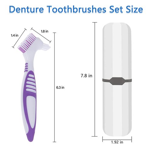 Geodurn Denture Brush, 2 Pieces False Teeth Toothbrush with White Carrying Case, Green and Purple Multi-Layered Bristles with Ergonomic Rubber Handle for Dentures Cleaning
