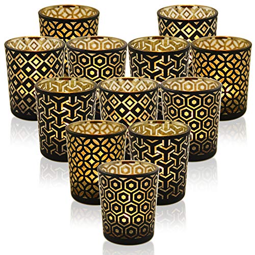 Black Gold Glass Candle Holders Set of 12 with Geometric Patterns - Ramadan Decor