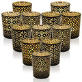 Black Gold Glass Candle Holders Set of 12 with Geometric Patterns - Ramadan Decor