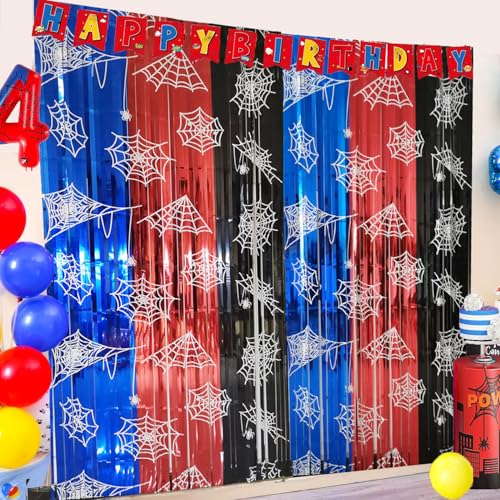 Spider Web Birthday Decorations 2 Pack Foil Fringe Curtains - Blue, Red & Black Variation
