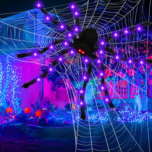 Giant Halloween Light Up Spider - Purple Glowing Hairy 6.6 FT Decoration with LED Eyes
